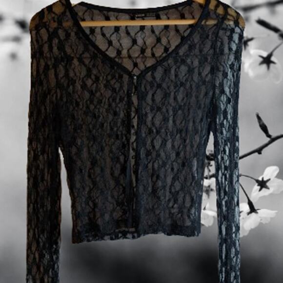 Shein small black lace long sleeve button down see thru woman's top. Elastane. - Picture 1 of 1